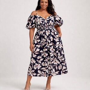GAP XL Tall Floral Off-Shoulder Midi Dress • Puff Sleeves • Pockets • Smocked